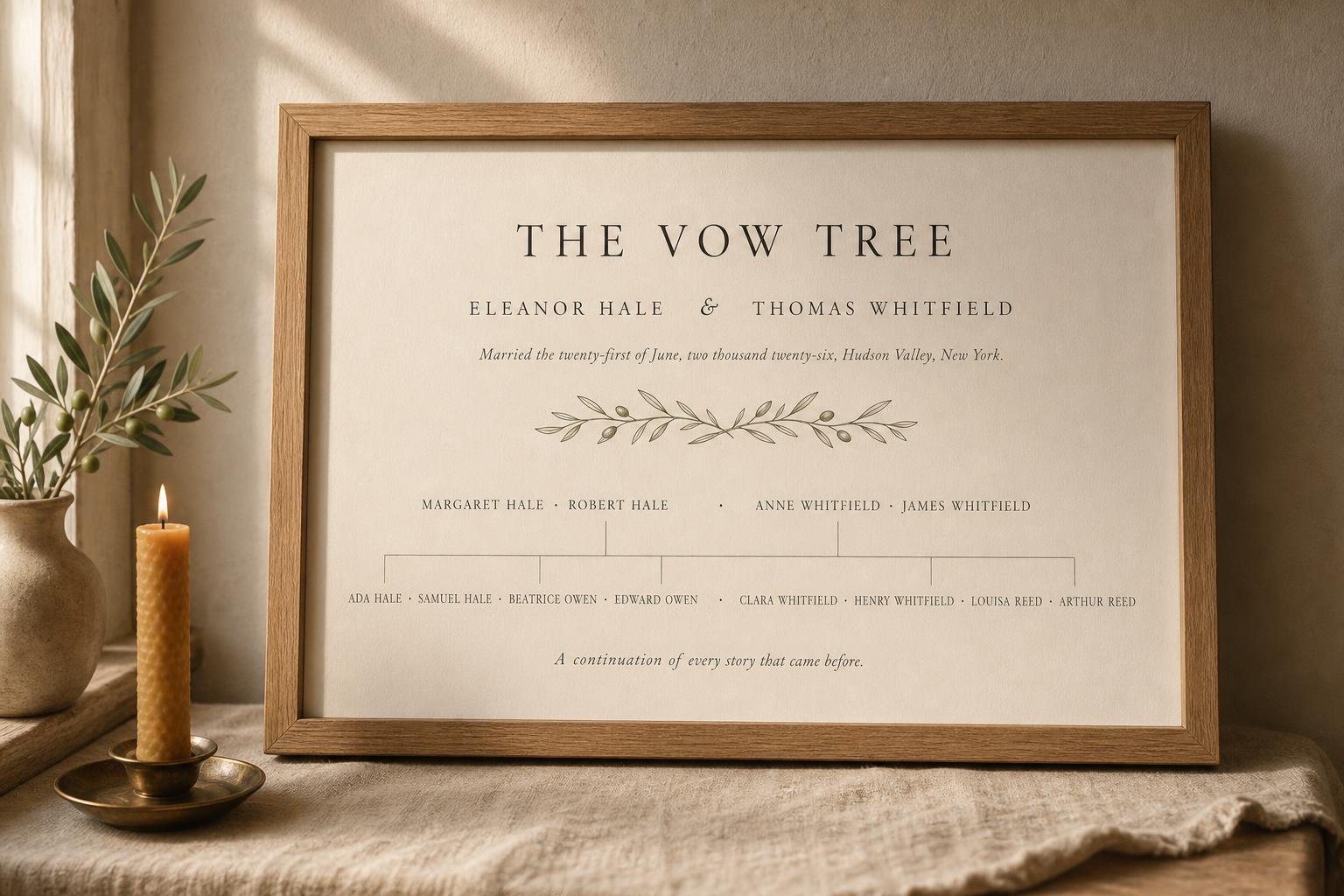 A quietly framed family heirloom hanging in a sun-warmed room