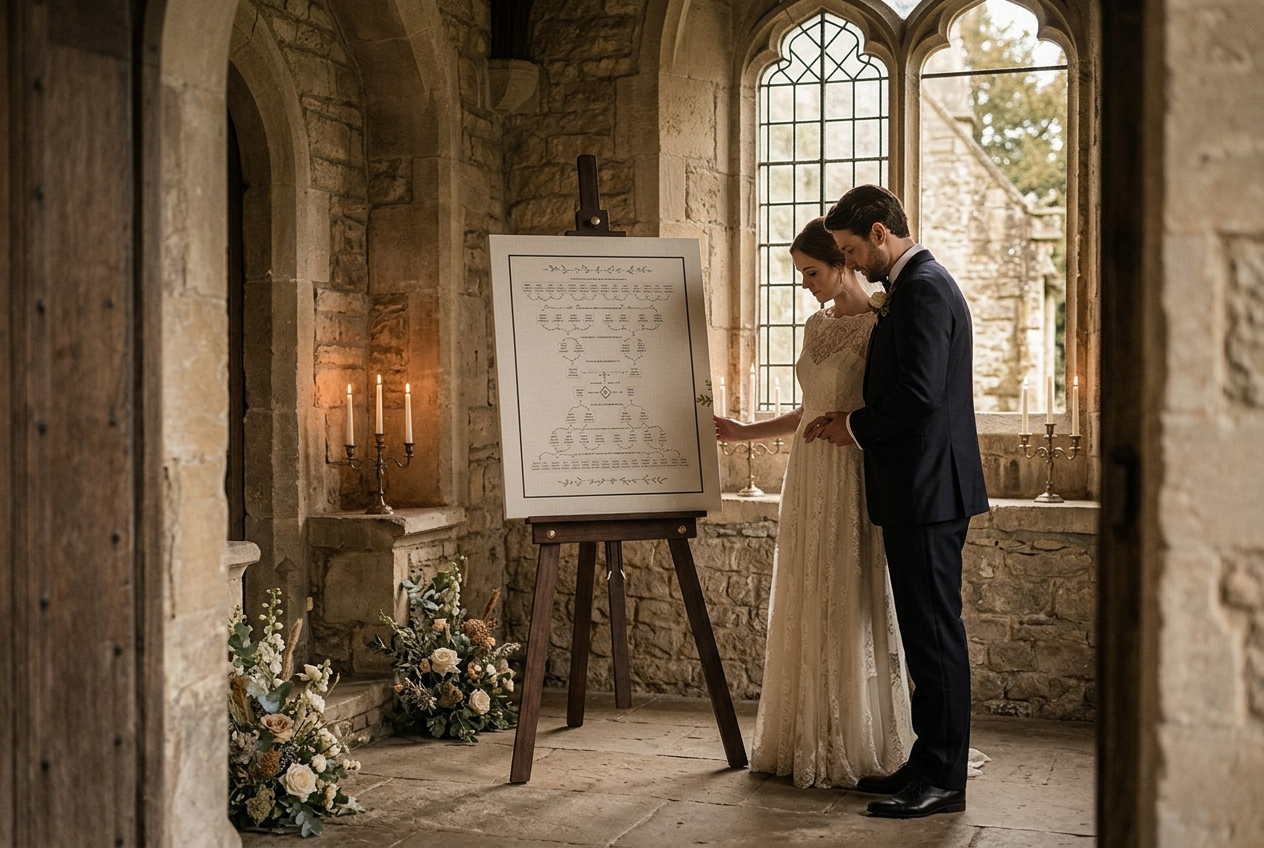 A bride and groom admiring their heirloom lineage artwork displayed on a walnut easel near the window of a stone chapel entry